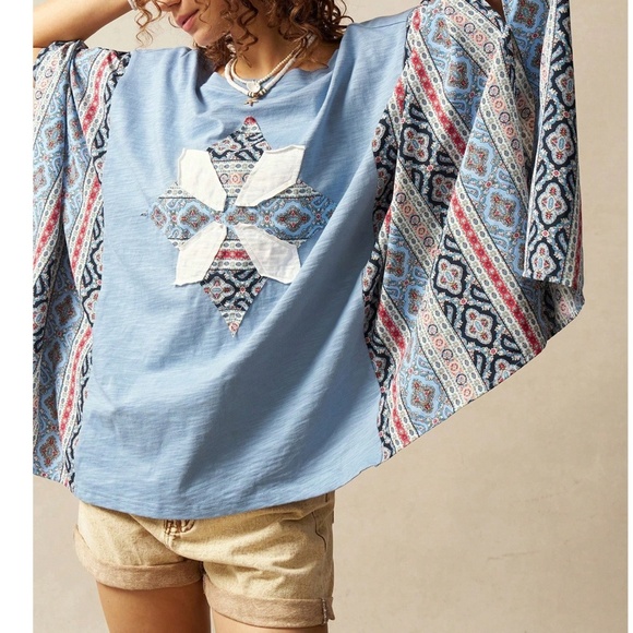 Boho Blue Tribal Geo Print Batwing Sleeve Poncho Top - Picture 3 of 6
